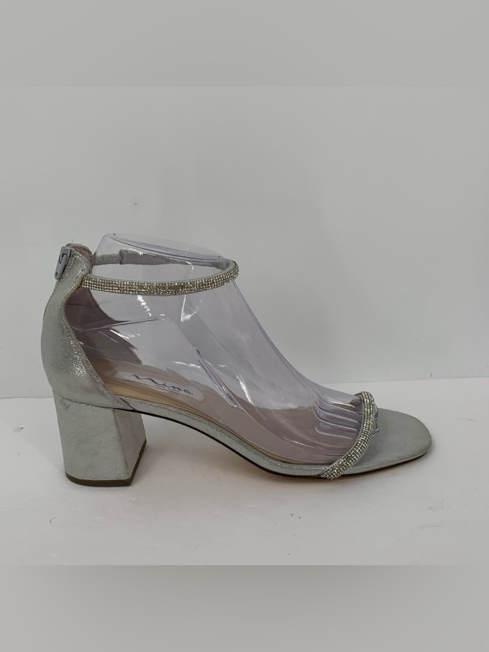 Nina Barby sandals silver crystal rhinestone ankle strap chunky heel shoe 7.5